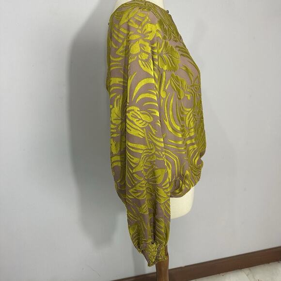 Cynthia Vincent Velvet Tropical Boho Artsy Top Large Blouse Peasant Neon Citron - Picture 5 of 10